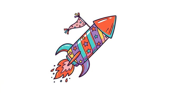 Colorful hand drawn firework rocket flying with bright stars and a small flag for a fun celebration or party event design element