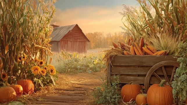 Rustic Autumn Farm Harvest with Pumpkins, Corn Cart and Red Barn