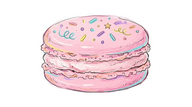 A delicious pink macaron cookie with colorful sprinkles on top as a hand drawn sketch illustration for bakery menu or sweet food design projects