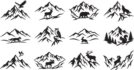 Fototapeta premium Collection of black silhouette mountain landscapes featuring wild animals like deer, bear, wolf, owl, fox, and eagle on white background