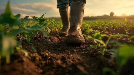 Fototapeta premium Farmer in muddy boots walking among young crops in a sunlit field