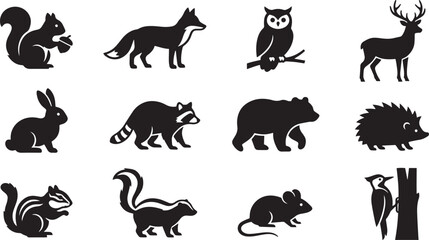 Fototapeta premium Collection of forest animal silhouettes, including a squirrel, fox, owl, deer, rabbit, raccoon, bear, hedgehog, chipmunk, skunk, mouse, and bird