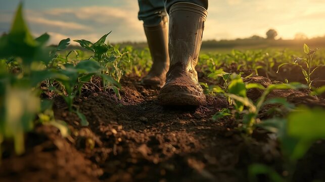 Farmer in muddy boots walking among young crops in a sunlit field