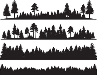 Four horizontal forest borders featuring silhouettes of pine, spruce, and deciduous trees for nature and landscape projects © RobiulIslam