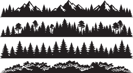Four horizontal mountain and forest border silhouettes featuring snowy peaks, dense coniferous trees, and woodland landscape foliage patterns © RobiulIslam