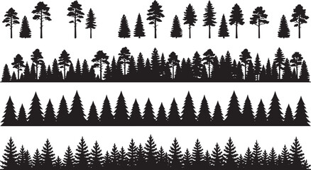 Four horizontal forest silhouette borders featuring various coniferous tree species and densities on white background © RobiulIslam