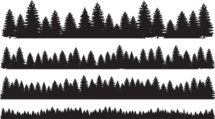 Four horizontal rows of black forest silhouettes featuring dense coniferous pine and spruce trees on a plain white background for © RobiulIslam