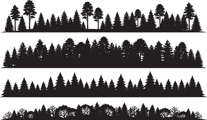 Four horizontal rows of black forest silhouettes featuring various types of coniferous and deciduous trees on a plain white background for © RobiulIslam