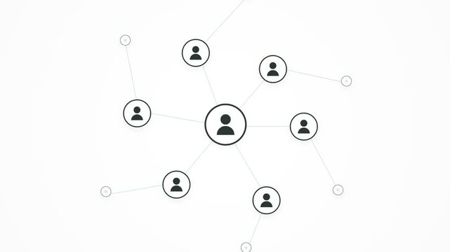 Conceptual 2D animation showing a central human figure icon connected via thin lines to various surrounding profile icons symbolizing global social networking community outreach and team leadership.