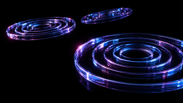 Three glowing abstract concentric rings shimmer with vibrant blue and purple light reflective surface 3d rendered.