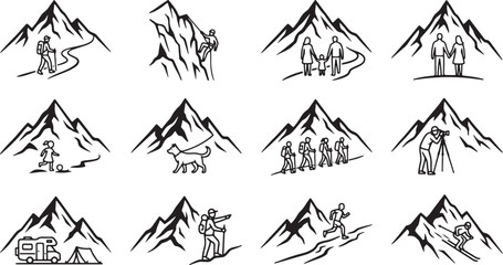Fototapeta premium Set of black and white mountain showing people hiking, climbing, camping, taking and skiing in various outdoor adventure scenes