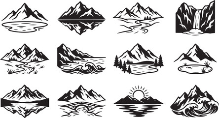 Fototapeta premium Set of black and white mountain landscape featuring lakes, rivers, waterfalls, bridges, ocean waves, and sunrises on white