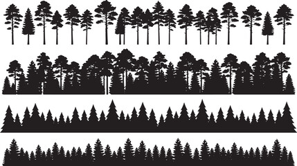 Set of black forest and tree line silhouettes featuring various pine and coniferous tree shapes for landscape and nature projects © RobiulIslam