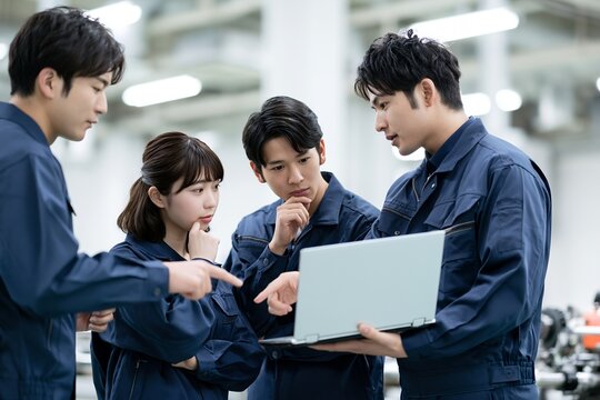 若手エンジニアがノートPC使い工場で技術学ぶ研修風景