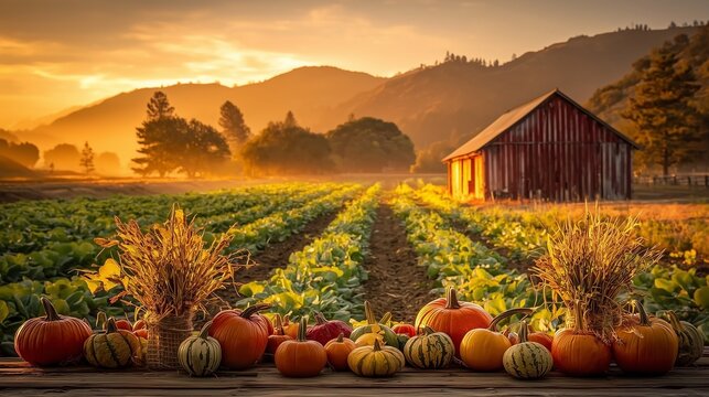 Autumn Pumpkin Harvest Beside a Red Wooden Barn at Sunrise