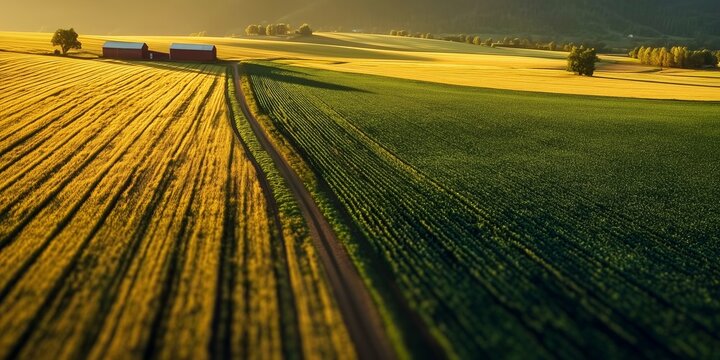 Golden and Green Crop Fields in Warm Evening Light