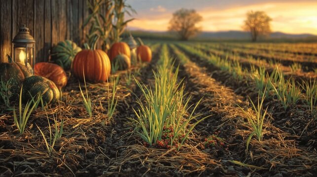 Pumpkins and Young Green Crops in a Rural Farm Field at Sunset