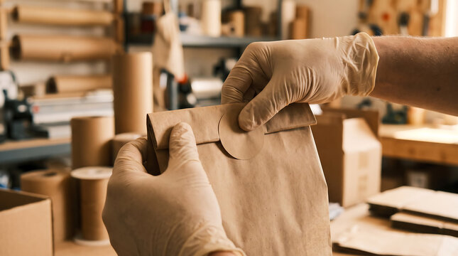 Gloved hands sealing eco friendly brown craft paper bag with blank label sticker at small business shipping packaging station