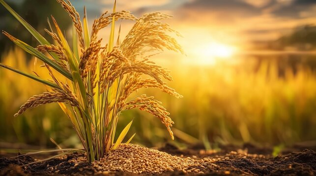Ripe golden rice plant at sunrise in an agricultural field