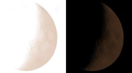 Crescent moon phase illustration, glowing lunar surface on white and black backgrounds, detailed moon craters and astronomical texture © Emran