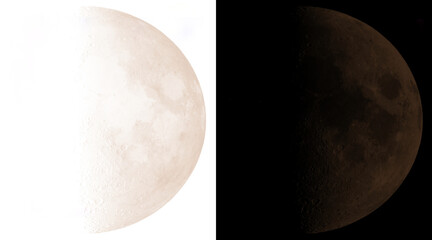 Realistic moon phase illustration, detailed lunar surface on white and black backgrounds, celestial astronomy graphic for science education © Emran