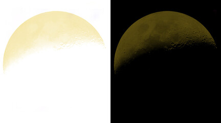 Crescent moon phase illustration, glowing lunar surface on black and white backgrounds, celestial astronomy graphic for science education © Emran