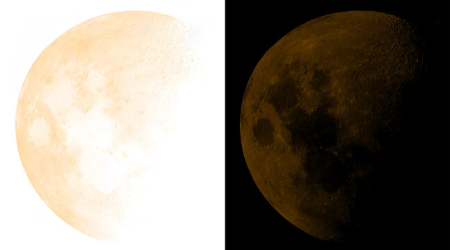 Golden moon phase illustration set, glowing lunar celestial bodies, textured orange moon icons on black and white backgrounds