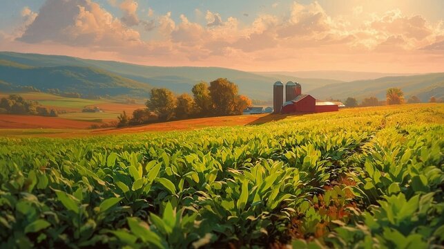 Sunlit Green Crop Field with Red Barn and Silos in Rolling Countryside
