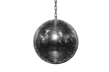 Obraz premium Reflective silver disco ball hanging from a metal chain against a checkerboard pattern background, isolated on a, transparent background