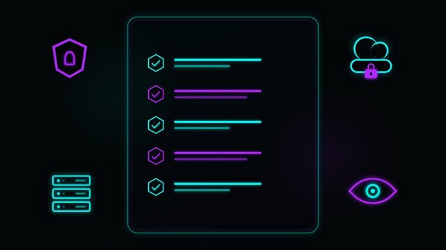 Cyber security checklist animation with neon glowing icons for data protection cloud storage server safety and network monitoring on black background for tech safety themes.