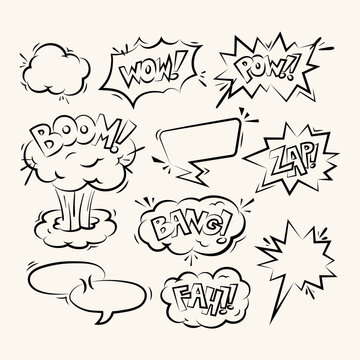 Set of comic speech bubbles with text and sound effects in monochrome sketch style