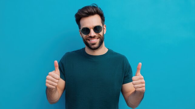 Smiling man wearing sunglasses giving thumbs up gestures against bright solid blue background, casual dark teal t-shirt, cheerful mood, lifestyle concept, summer vibe, positive attitude, happiness.