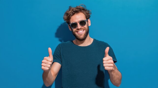 Smiling man wearing sunglasses giving thumbs up gestures against bright solid blue background, casual dark teal t-shirt, cheerful mood, lifestyle concept, summer vibe, positive attitude, happiness.