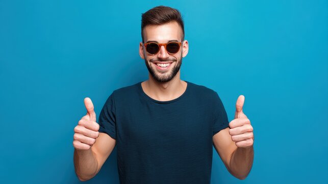 Smiling man wearing sunglasses giving thumbs up gestures against bright solid blue background, casual dark teal t-shirt, cheerful mood, lifestyle concept, summer vibe, positive attitude, happiness.