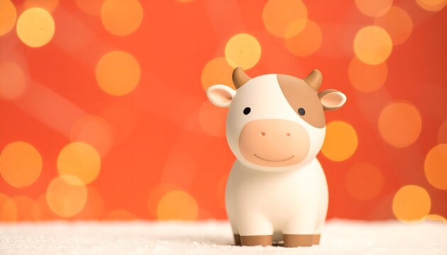 Figura decorativa de vaca blanca y beige sobre fondo naranja con luces c&aacute;lidas desenfocadas