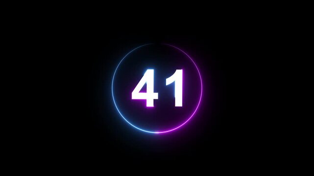 A dynamic circular animation, and glowing count neon number 41 animation . on a black background. and creating a stunning 4k video.