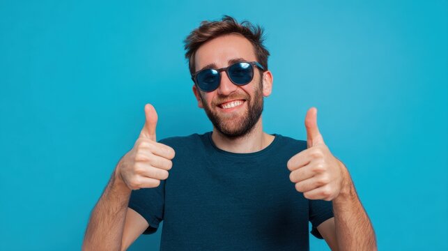 Smiling man wearing sunglasses giving thumbs up gestures against bright solid blue background, casual dark teal t-shirt, cheerful mood, lifestyle concept, summer vibe, positive attitude, happiness.
