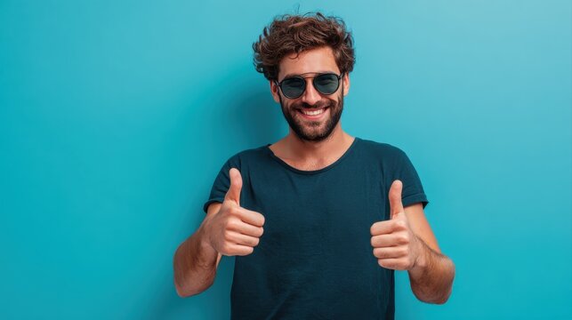 Smiling man wearing sunglasses giving thumbs up gestures against bright solid blue background, casual dark teal t-shirt, cheerful mood, lifestyle concept, summer vibe, positive attitude, happiness.