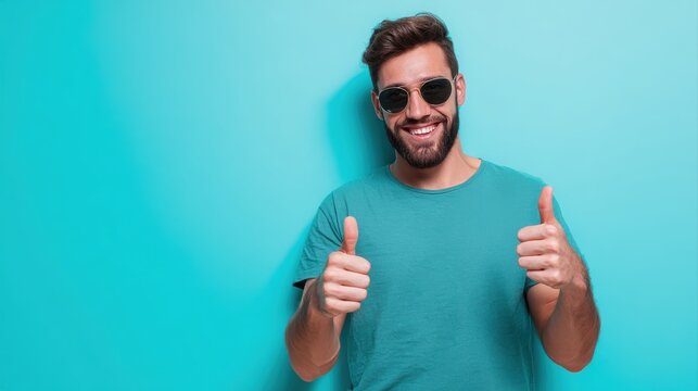 Smiling man wearing sunglasses giving thumbs up gestures against bright solid blue background, casual dark teal t-shirt, cheerful mood, lifestyle concept, summer vibe, positive attitude, happiness.