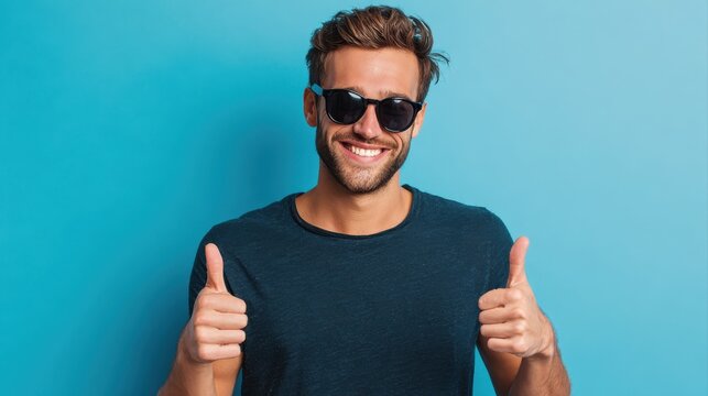 Smiling man wearing sunglasses giving thumbs up gestures against bright solid blue background, casual dark teal t-shirt, cheerful mood, lifestyle concept, summer vibe, positive attitude, happiness.