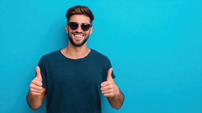 Smiling man wearing sunglasses giving thumbs up gestures against bright solid blue background, casual dark teal t-shirt, cheerful mood, lifestyle concept, summer vibe, positive attitude, happiness.