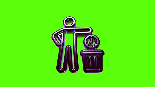 A purple glossy icon of a person throwing trash into a bin isolated on a bright green background