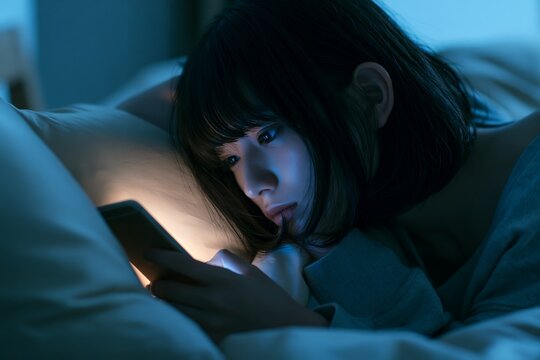 暗闇でブルーライトを浴びる日本人女性のスマホ操作