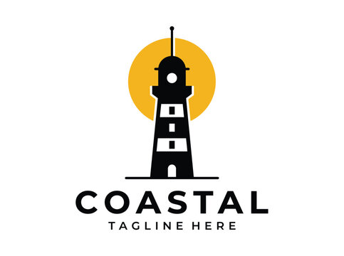 Minimalist lighthouse logo with sun, coastal beacon vector icon, nautical maritime tower emblem for branding and travel identity