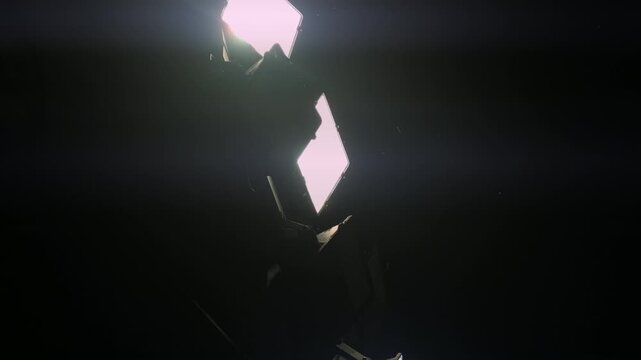 Low angle footage shows insects and bats flying near the bright light of powerful stadium lights during nighttime.