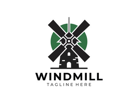 Vintage windmill logo design, rustic farm building icon with green circle, traditional mill vector illustration for organic branding