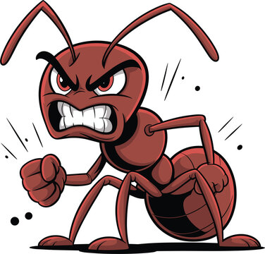 Angry red ant cartoon mascot character showing fist, funny insect vector illustration isolated on white background