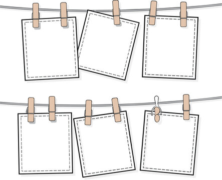 Blank photo frame template set hanging on clothesline with wooden clothespins and stitched border vectors
