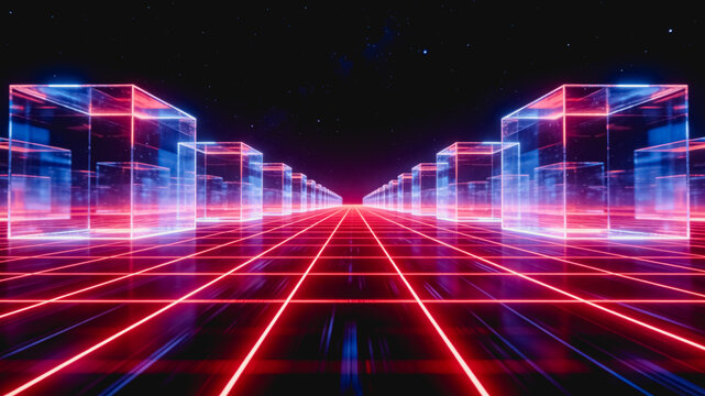 A 3D futuristic scene featuring a neon grid path, transparent glowing cubes, and a starry dark sky, creating a retro sci-fi digital space.