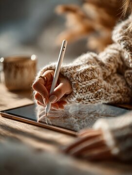 Woman hands apple pencil tablet drawing logotype light colors design digital creative sketch minimal workspace branding illustration modern technology clean composition